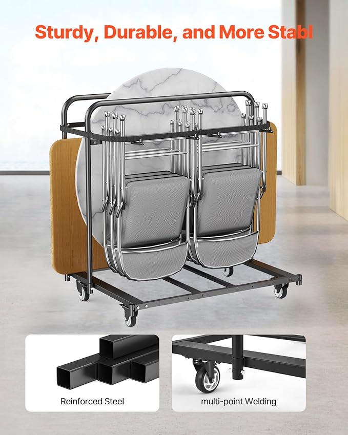 VEVOR Folding Chair Rack, 400 LBS Capacity, Heavy-Duty Chair Cart for 5 Tables+14 Chairs, Chair Storage Dolly Chair Holder w/Swivel Casters and Locking Wheels,for Party Event,Hotel, Matte Black