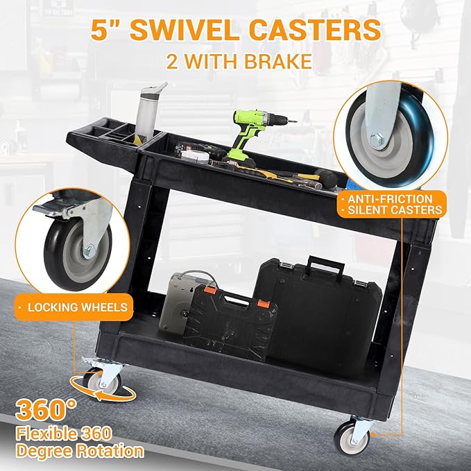 2-Shelf Large Heavy Duty PP Service Cart 45.7x25.6 Inch, Rolling Utility Cart with 360° Swivel Wheels, 550LBS, Oversize Shelf, Storage Handle, for Warehouse/Garage/Cleaning, Black