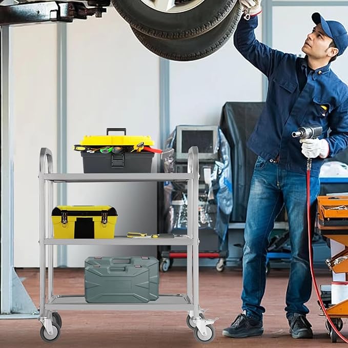 Stainless Steel Cart on Wheels,3-Tier Stainless Steel Utility Cart for Kitchen, Tool Room, Workshop, Salon & BBQ Snack Station - 29.5" D*15.7W*33H with with 360° Wheels (2 Locking)