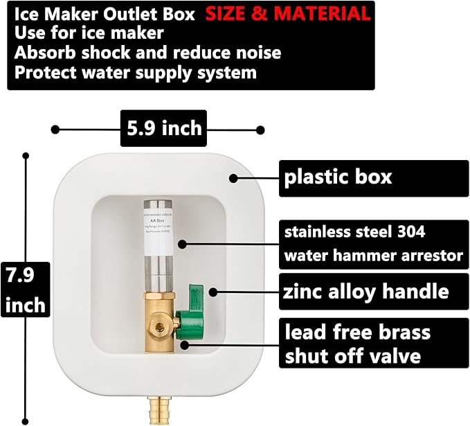 (1 Pack) Lidertik 1/2 inch Expansion PEX-A Pre-Assembled Ice Maker Outlet Box Valve 1/4 inch Recessed Refrigerator Water Line with Shut Off Valve and Stainless Steel Water Hammer Arrestor ZBQH-631-LK