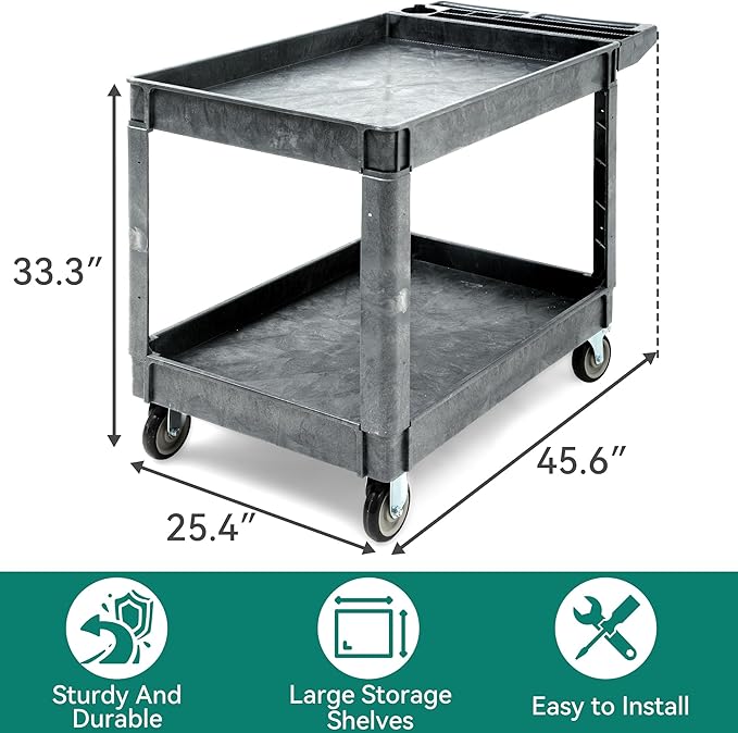 YITAHOME Utility Cart on Wheels, 550 lbs 2 Shelf Heavy Duty Rolling Carts, 45 x 25 in Plastic Service Cart Work Carts with Wheels for Warehouse Garage School & Office, Cleaning, Gray