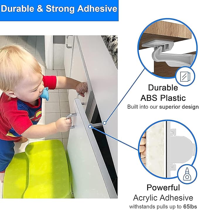 6 Pack Upgraded Invisible Baby Proofing Cabinet Latch Locks - No Drilling or Tools Required, Children Proof Cupboard Drawers Latches, Works with Most Cabinets and Drawers - Adhesive Easy Installation