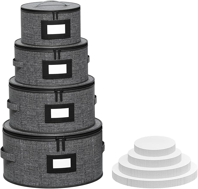 Aokeyee 4-Piece Plate Storage Box, Hard Shell Storage Containers with 48 Soft Dividers for Saucer, Dessert, Salad & Dinner Plates, Sturdy Quilted Stackable Dish Organizer for Moving & Protection, Grey