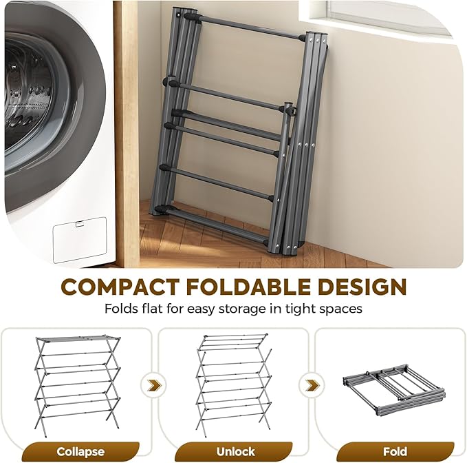KINGBOARD 3-Tier Extendable Clothes Drying Rack, Small & Foldable, Space-Saving - Image 6