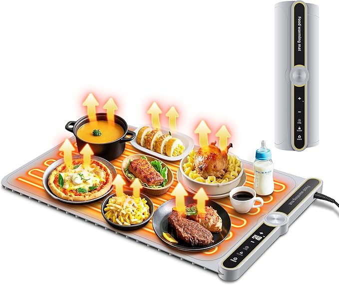 Warming Mat for Food, 24"x15" Food Warmer with 9-Temperature Adjustable, 1-6H Timer Electric Warming Tray Heat 6 Dishes, Child Lock, 8s Fast Heating, Foldable Food-Grade Silicone