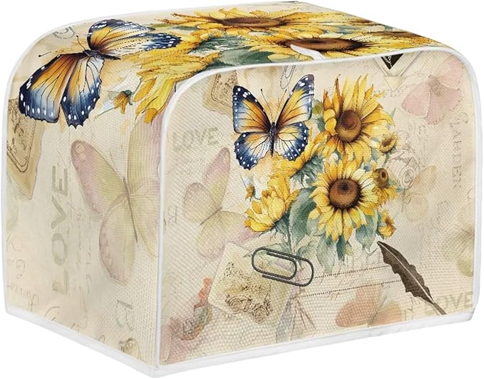 Vintage Butterfly Sunflower 4 Slice Toaster Cover - Bread Machine Dust Cover Protection, Stain Resistant with Handle Keep Clean