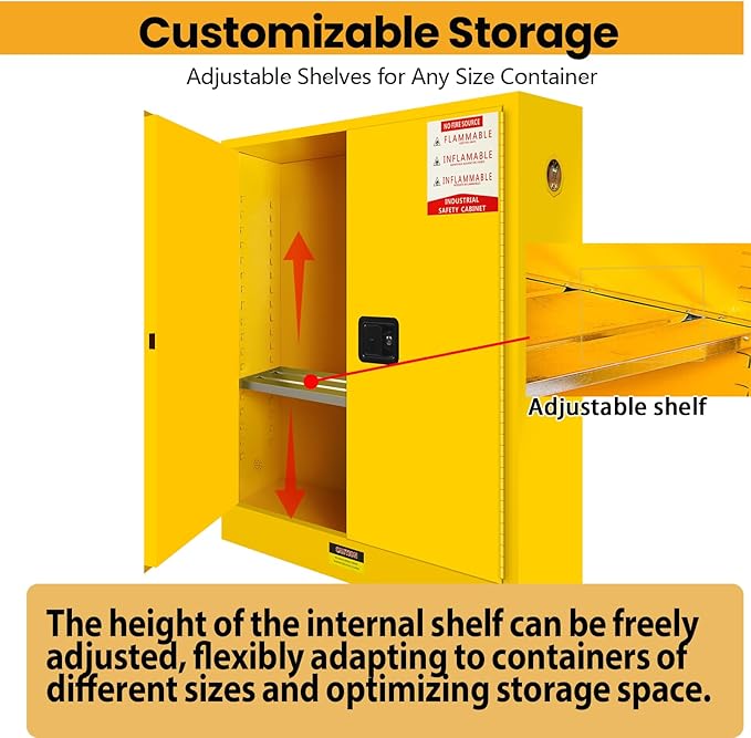 73" H × 49" D × 23" W Chemical Flammable Storage Cabinet Galvanized Steel Material, Adjustable Shelf Height Safe Thick Fireproof Cabinet Yellow