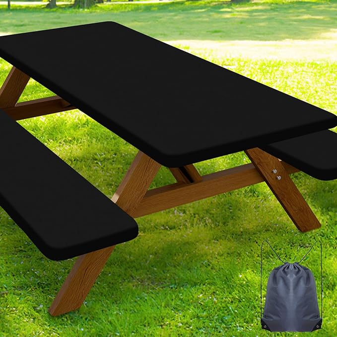 Smiry Picnic Table Cover with Bench Covers, Waterproof Elastic Fitted Polyester Tablecloths for 6 Ft Rectangle Tables, Washable Windproof Tablecloth for Camping, RV & Outdoor (Black, 30x72 Inches)