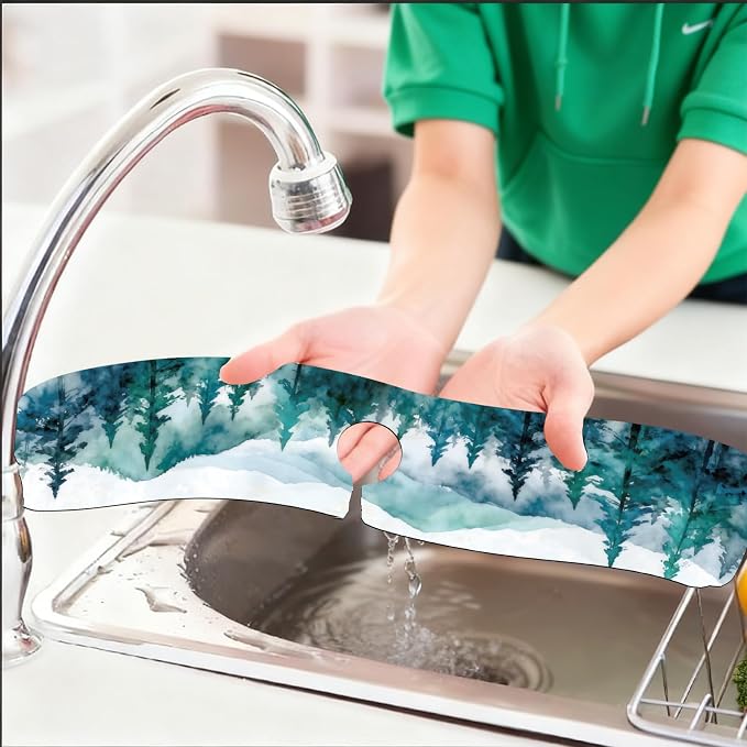2 Pcs Kitchen Sink Splash Guard Faucet Mat Watercolor Forest Pattern Faucet Mat - Image 6