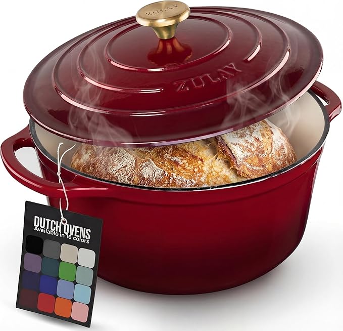 Zulay Kitchen 6 Quart Enameled Cast Iron Dutch Oven Pot with Lid – Premium Durability & Oven Safe up to 500°F – Heavy Duty Cookware Perfect for Bread Baking, Stews, Braising & Roasting – Garnet