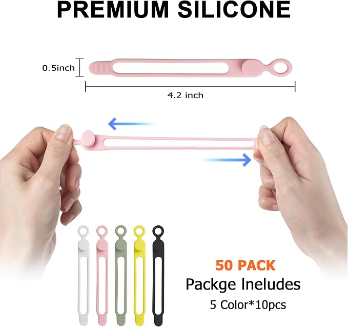 50Pcs Silicone Cable Ties, Cord Organizer Cable Management-Multi | Reusable - Image 2