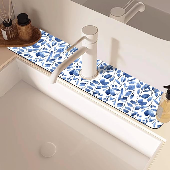 Watercolor Blue Leaves Sink Faucet Absorbing Mat Sink Splash Guard Faucet Mat - Image 2
