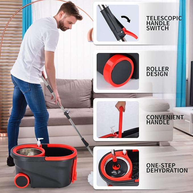 Spin Mop and Bucket with Wringer Set on Wheels, 3 Mop Heads - Image 4