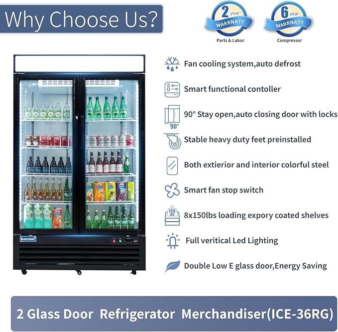 ICECASA 48" W Merchandiser Commercial Display Refrigerator Double Glass Door Reach-in 36 Cu.ft Display Refrigerator Fan Cooling for Restuarant, Bar, Shop, etc