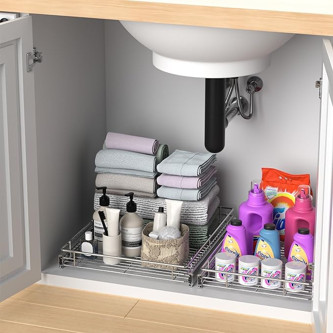 ZOINLIY Pull Out Cabinet Organizer, Versatile Slide Out Kitchen Organizers and Storage,Heavy Duty Drawer Cupboard Storage Basket, Smooth Sliding, Chrome Finish,14.8" W x 21" D