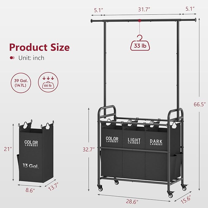 Tajsoon Laundry Sorter with Hanging Bar, 3 Section Laundry Hamper - Image 7