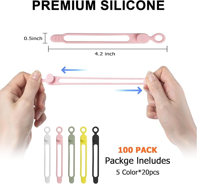100Pcs Silicone Cable Ties, Cord Organizer Cable Management-Multi | Reusable - Image 2