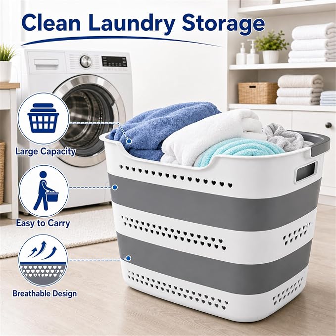 2 Pack Collapsible Plastic Laundry Basket - 42L Foldable Pop Up Clothes Hamper - Image 8