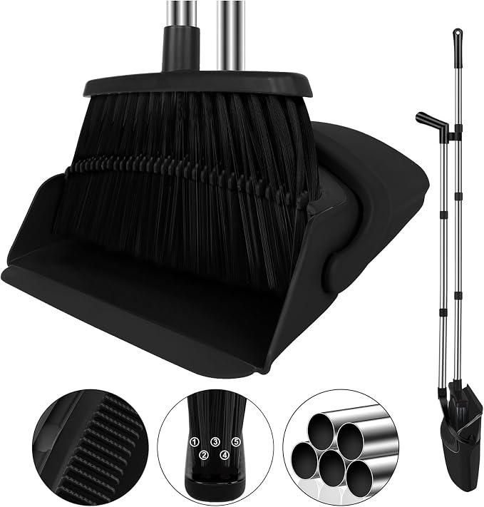 Black Broom and Dustpan Combo Set, Built-in Comb Dustpan, Space-Saving Storage by UDUK