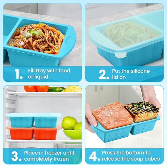 2 Pack Silicone Freezer Trays With Lid For Easy Storage Silicone Soup Freezer Molds 2 Cup ，Perfect For ice cube tray Freezing Broth Sauces Store Leftovers , Leakproof, Easy Release Dishwasher Safe