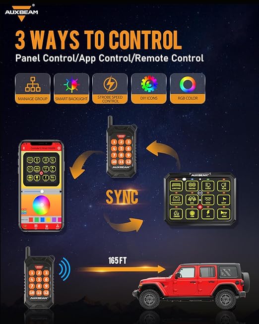 Auxbeam 12 Gang Switch Panel Bluetooth RGB AC-1200 with APP&Remote Control Toggle Momentary Pulsed Switch Pod Off Backlight for Truck Offroad 12-24V Waterproof 2 Years Warranty (Patent Registering)