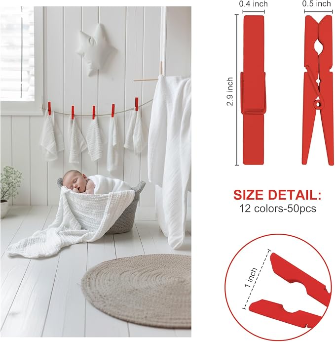 Colored Clothes pins 2.9inch 50PCS Red, Colorful ClothesPins Wooden Clips - Image 2