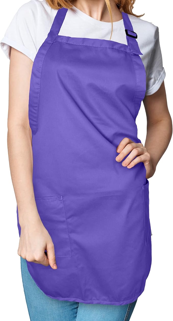 DALIX Apron Commercial Restaurant Home Bib Spun Poly Cotton Kitchen Aprons (2 Pockets) (1, Purple)
