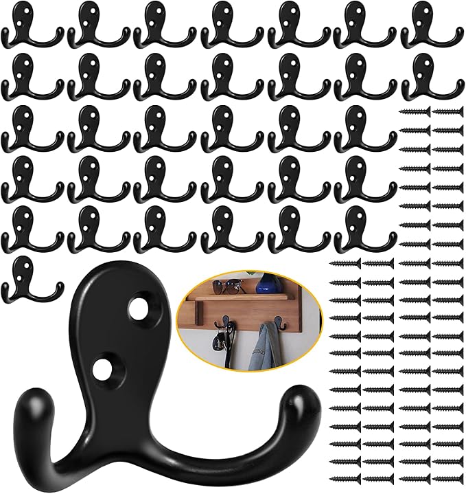 Homanu 34 Pack Coat Hooks, Heavy Duty Double Prong Coat Hooks Wall Mounted by Homanu