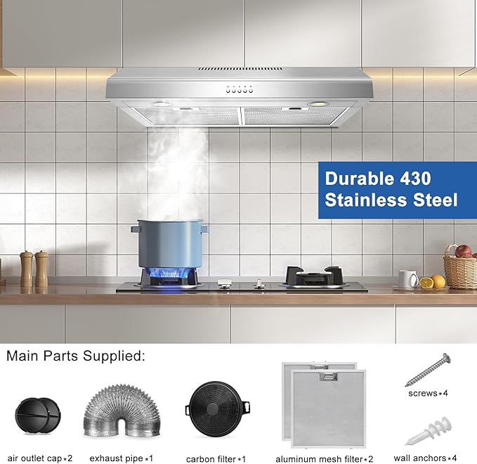 Range hood 30 Inch Under Cabinet,450 CFM Ducted/Ductless Vent Hood for Kitchen With Bright Light, Quiet Operation and 3 Speed Exhaust Fan