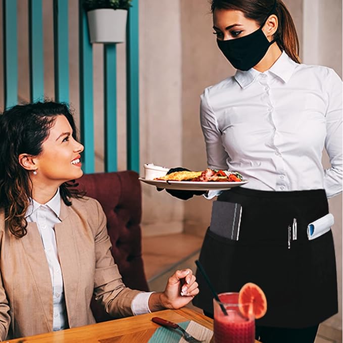Dreamology Short Aprons,Men & Women,Waitress Apron with Pockets,Server Aprons with 3 Pockets, Cooking, Gardening and Waist Apron,Serving Apron for Waitresses | Extra Long Strap (3 Pack)