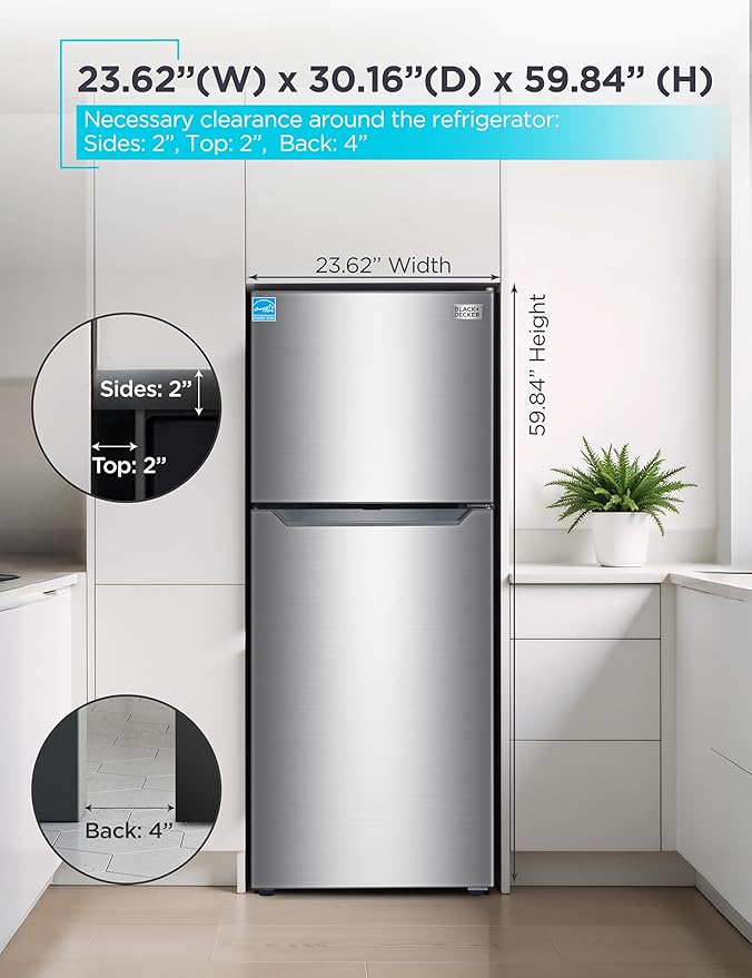 BLACK+DECKER 12.1 Cu. Ft. Top Mount Refrigerator with Freezer, 2 Door Refrigerator with Top Freezer and Adjustable Temperature Control, ENERGY STAR, BR1210HS, Stainless Steel Look