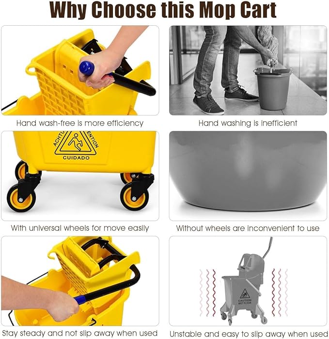 Mop Bucket, Commercial Bucket for Mopping on Wheels with Potable Handle, Mop Bucket with Wringer for Home, Household, Office, Bathroom, Yellow (25 Quarts)
