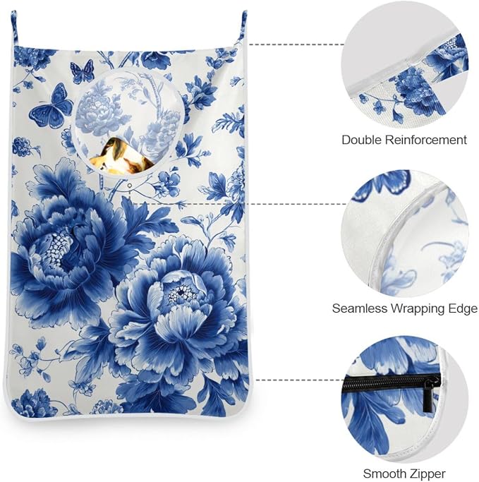 Blue and White Peony Flowers Butterfly Hanging Laundry Hamper Door Hampers Bag - Image 5