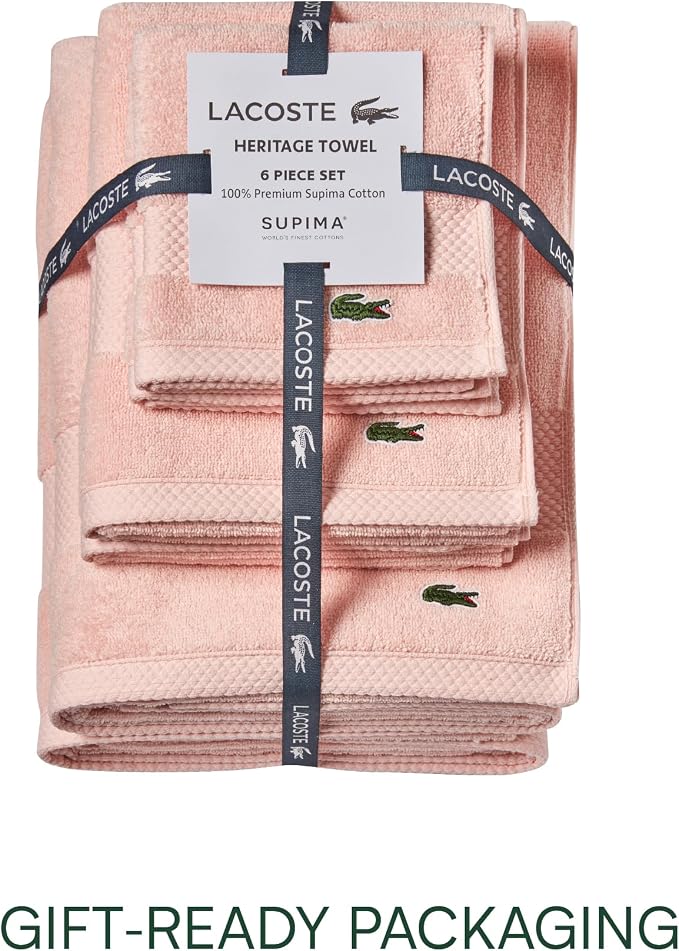 Lacoste Heritage Supima Cotton 6-Piece Towel Set, Light Pink | Highly Absorbent - Image 4