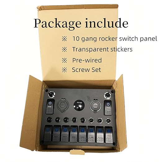 10 Gang Rocker Switch Panel with Breaker for Marine Boat RV Truck (Blue): Voltmeter, Reset Circuit Breaker, 4.2A Car Cigarette Lighter Socket, Dual 12V 24V USB Charger & Control Toggle Switch