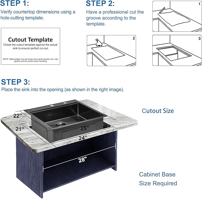 Scamall 25x22x10 Drop In Kitchen Sink Workstation, Nano Black 304 Stainless Steel Deep Single Bowl with Quick Drainage & Tarnish-Free Surface for Bar, Laundry, RV, Includes Accessories