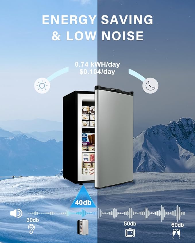 3.0 Cu.ft Upright freezer - Compact Mini Freezer with 7 Adjustable Thermostat, Removable Shelves, Reversible Single Door, 360°Uniform Cooling Small freezer for Home Office Dorm, Silver