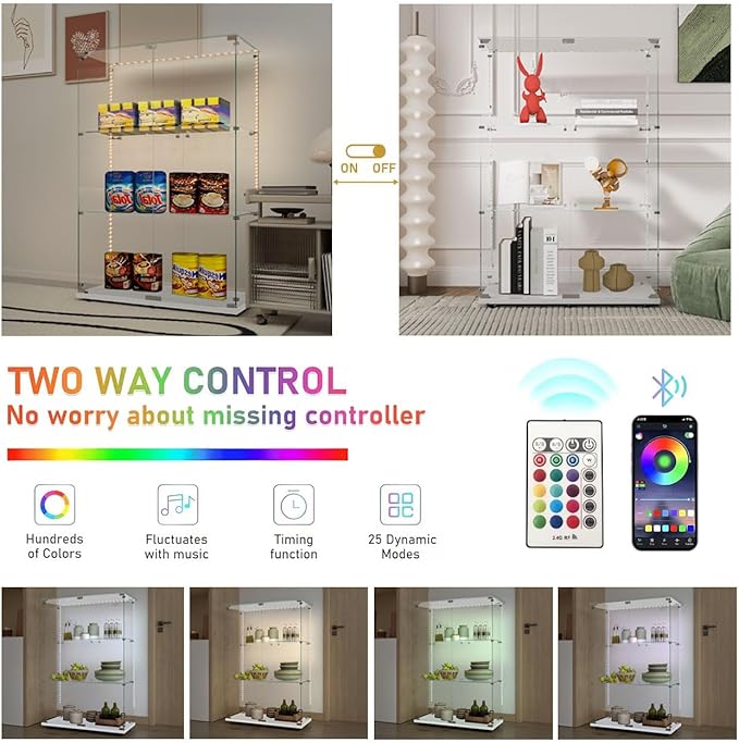 Yoluckea 3 Tiers Glass Display Cabinet with Bluetooth LED Light Strip, 2 Doors Floor Standing Curio Cabinet with Universal Wheel for Home, White Glass Bookshelf for Collections, Clear Top
