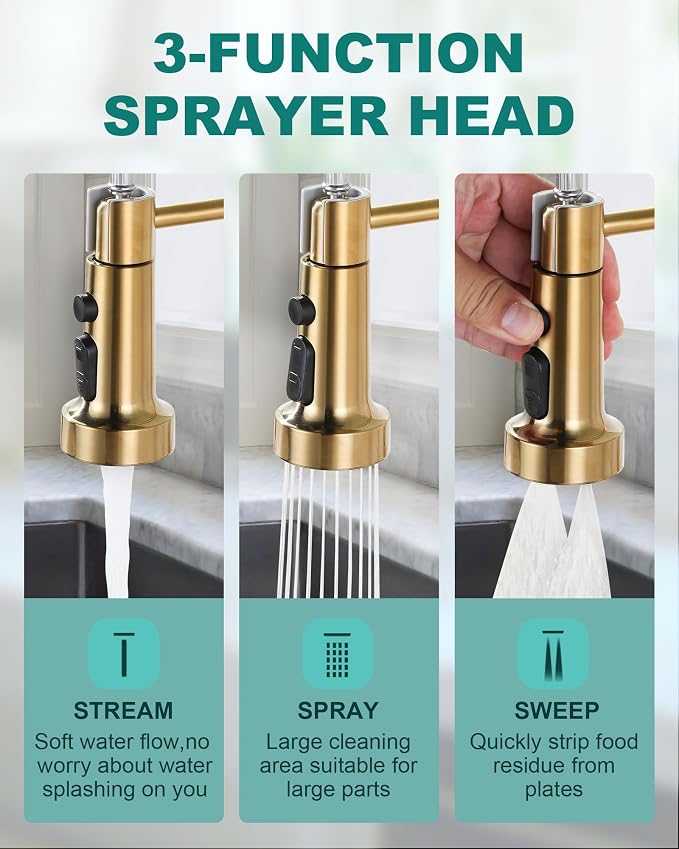 Kitchen Sink Faucet with Soap Dispenser: Brushed Gold Kitchen Faucets with Pull - Image 6