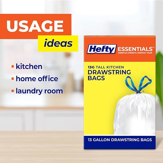 Hefty Essentials Drawstring 13 Gallon Kitchen Trash Bags, Tall Unscented Trash - Image 4