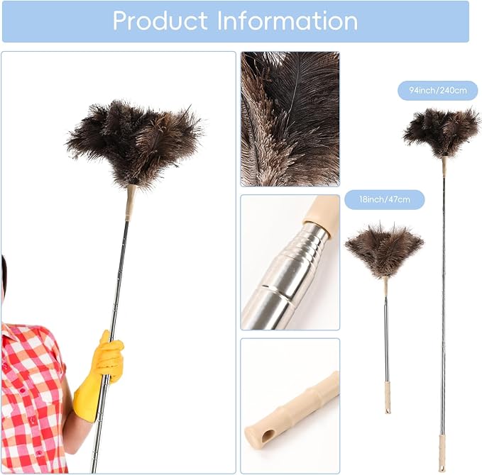 THARAHT Extendable Ostrich Feather Duster up to 27-94 inches Fluffy Feathers - Image 2