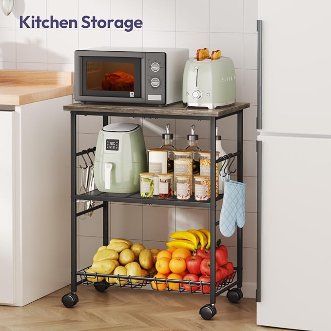 SWTYMIKI Rolling Kitchen Microwave Cart - 3 Tier Microwave Table Stand with Storage Basket and Hooks, Kitchen Utility Cart on Wheels, Coffee Cart Shelf Rack Organizer for Living Room Office, Balcony