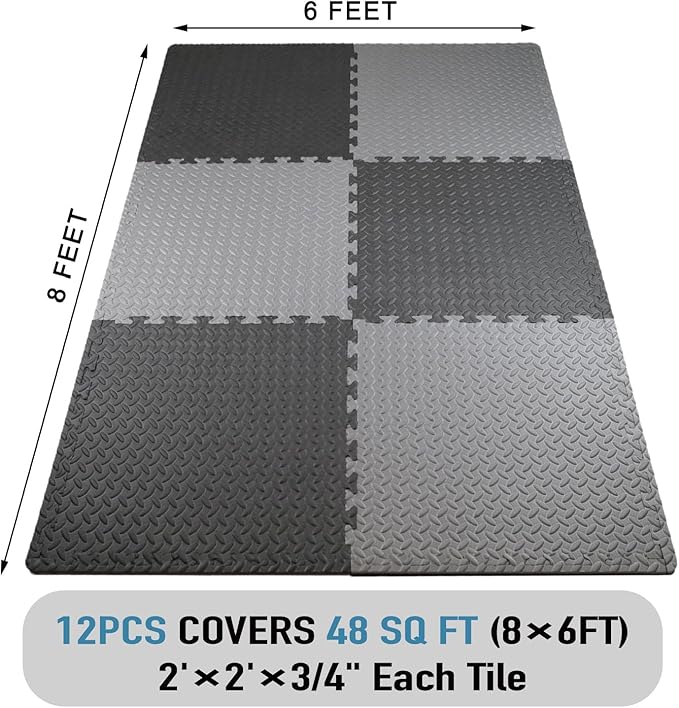 AIRHOP Upgraded 0.79" Extra Thick 48 Sq Ft High-Density Eva Foam Exercise Gym Mats, 12 Pcs Large Interlocking Puzzle Floor Tiles (24"x24") for Home Gym, Black&Gray