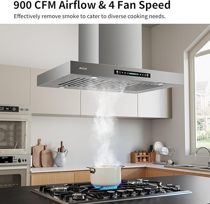 IKTCH 30 inch Island Wall Mount Range Hood, Ducted 900 CFM Range Hood with 4 Speed Fan, Stainless Steel Hood Vent with Gesture Sensing & Touch Control for Smart Life