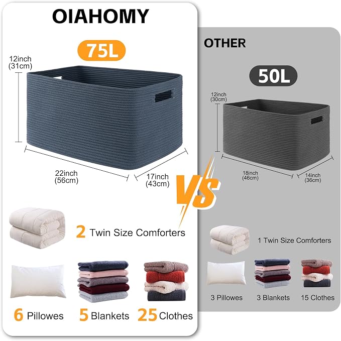 OIAHOMY 75L Large Blanket Basket Woven Storage Basket - Image 3