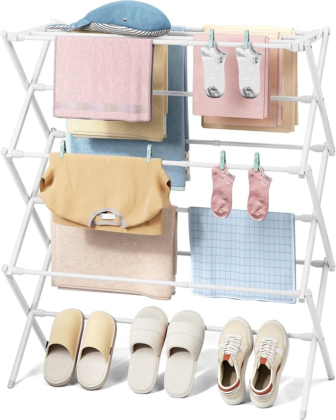 KINGBOARD 3-Tier Extendable Clothes Drying Rack, Small & Foldable, Space-Saving by KINGBOARD