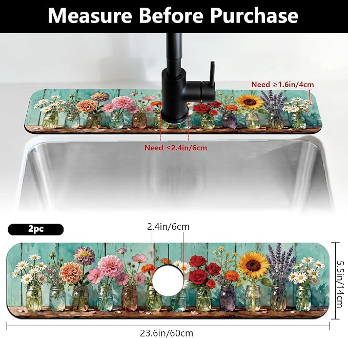 2 Pcs Kitchen Sink Splash Guard Faucet Mat Colored Glass Vases - Image 2