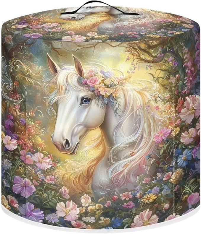TODIYADDU White Horse Floral Pressure Cooker Cover with Pocket Novelty Air Fryer Cover Dust Cover Insulated Kitchen Appliance Cover Protector for Pressure Cooker Instant Pot Accessories Presents, M