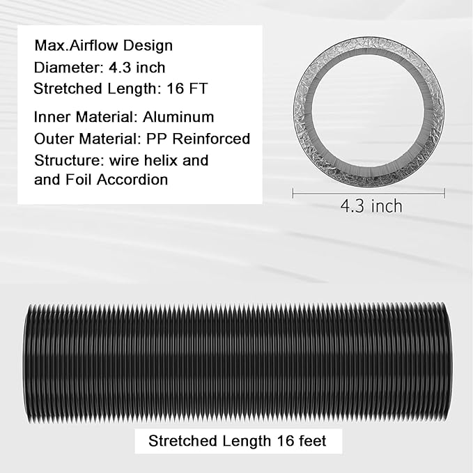 Reinforced Dryer Vent Hose 4 inch 16 FT with 2 Key Hose Clamps, Heavy Duty Flexible Duct Hose for Laundry, Grow Tent, Bathroom Exhaust Fan