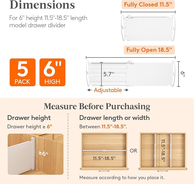 Lifewit 6" Tall Drawer Dividers, Adjustable Deep Drawer Organizer Clothes | 5 - Image 2